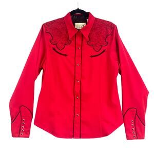 VTG Roper Western Pearl Snap Shirt Women L Cowgirl Rockabilly 90 Red Embroidered